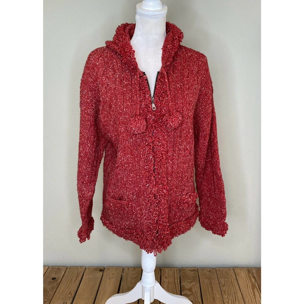 ARTESANIANS Full Zip Hooded Pom Pom Sweater M